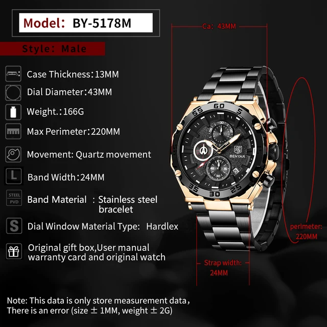 BENYAR Men's Watches 2021 New Top Luxury Chronograph Quartz Watch Men Sport Military Waterproof Gold Fashion Relogio Masculino 6