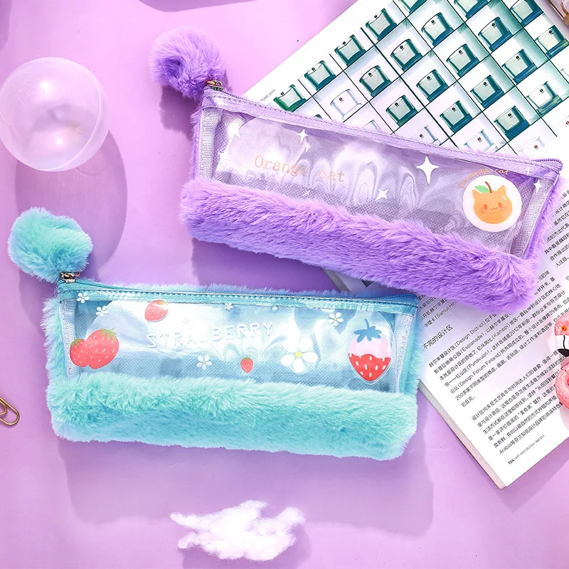 

Clear Plush Pencil Case for Girls Boys Cute Large Big Pen Bag Kawaii Stationery Pouch Box Kids Gift Office School Supplies Zakka