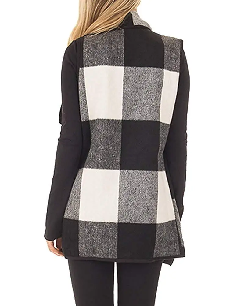 Autumn Office Ladies Vest Sleeveless Turn Down Neck Open Front Jacket Check Plaid Cardigan Casual Women Long Waistcoat