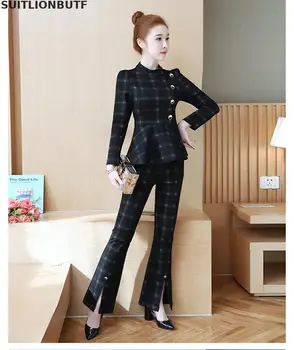 

M-2XL Plus Size 2 Piece Set Women Plaid Stand Collar Sashes Top Button Fly Flare Pants Elegant Ladies Fashion OL Two Piece Set