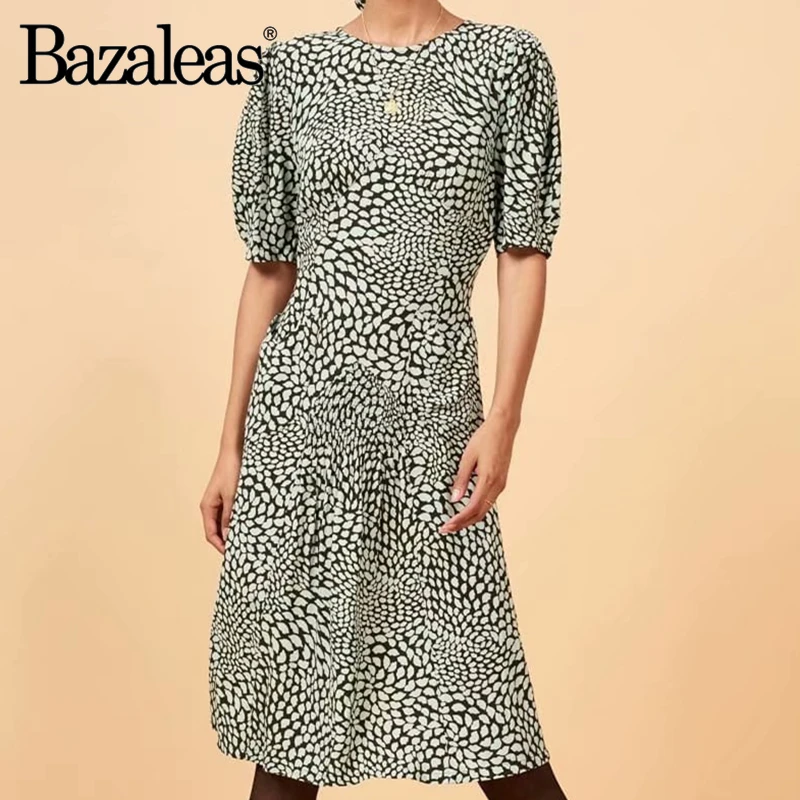 Bazaleas, Ретро стиль, мятые и присборенные спереди хомуты, vestidos, Франция, зеленые, с принтом поцелуев, женское платье миди, повседневные винтажные платья Norma