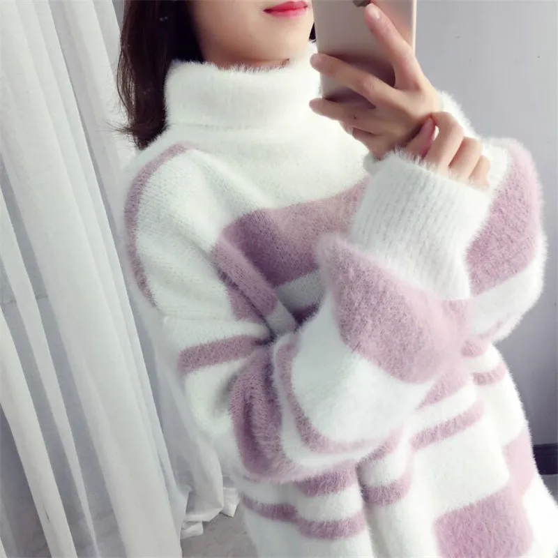 2020 High Neck Sweater Female Striped Long Sleeve Loose Hooded Imitation Water Velvet Top Autumn and Winter New Bottoming Shirt