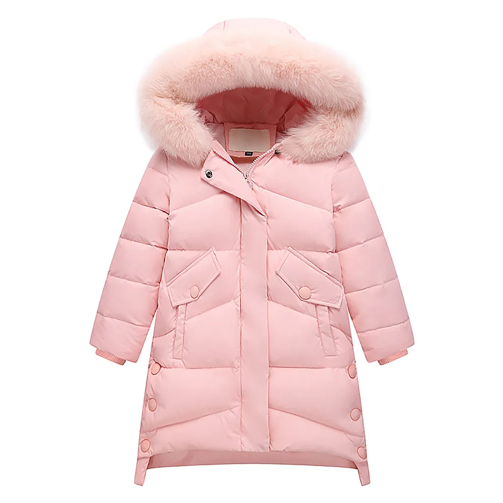 Зимнее пуховое пальто для маленьких девочек Однотонные теплые нарядные куртки с капюшоном из искусственного меха и карманами куртка-пуховик Верхняя одежда с подкладкой