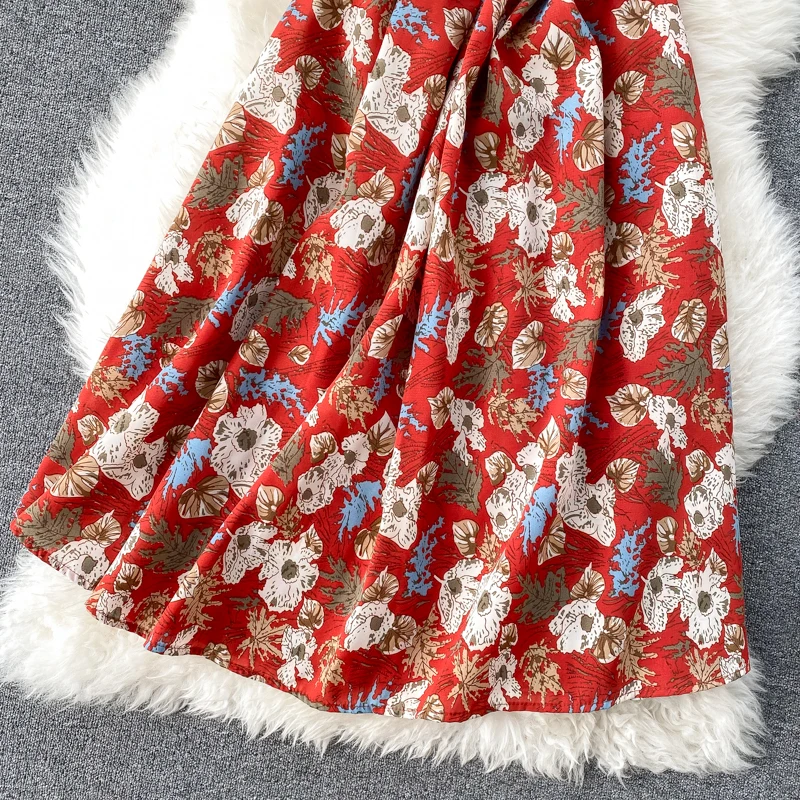 Vintage button slim 2020 floral print dress midi long summer Party tie high waist dress Women elegant tunic beach a-line dresses