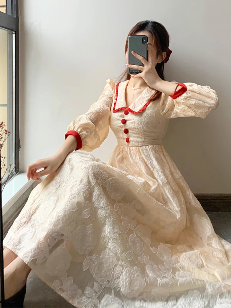 New Spring Sweet Vintage Dresses Women Elegant Evening Party Dress Female Button French Fairy Long Sleeve One Piece Dress Korean Dresses Aliexpress