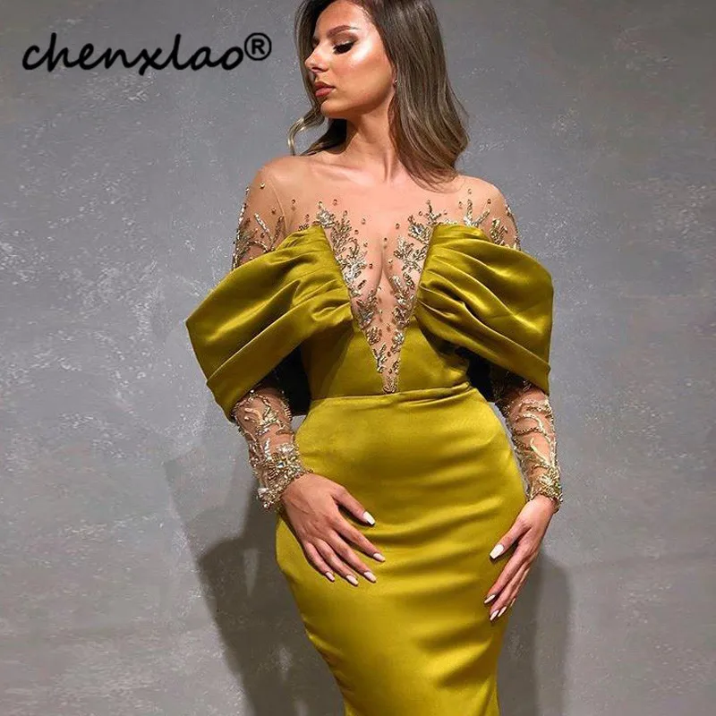 Unique-Sheer-Neck-Mermaid-Evening-Dresses-Full-Sleeve-Bead-Sequin-Red-Carpet-Celebrity-Gowns-Sweep-Train