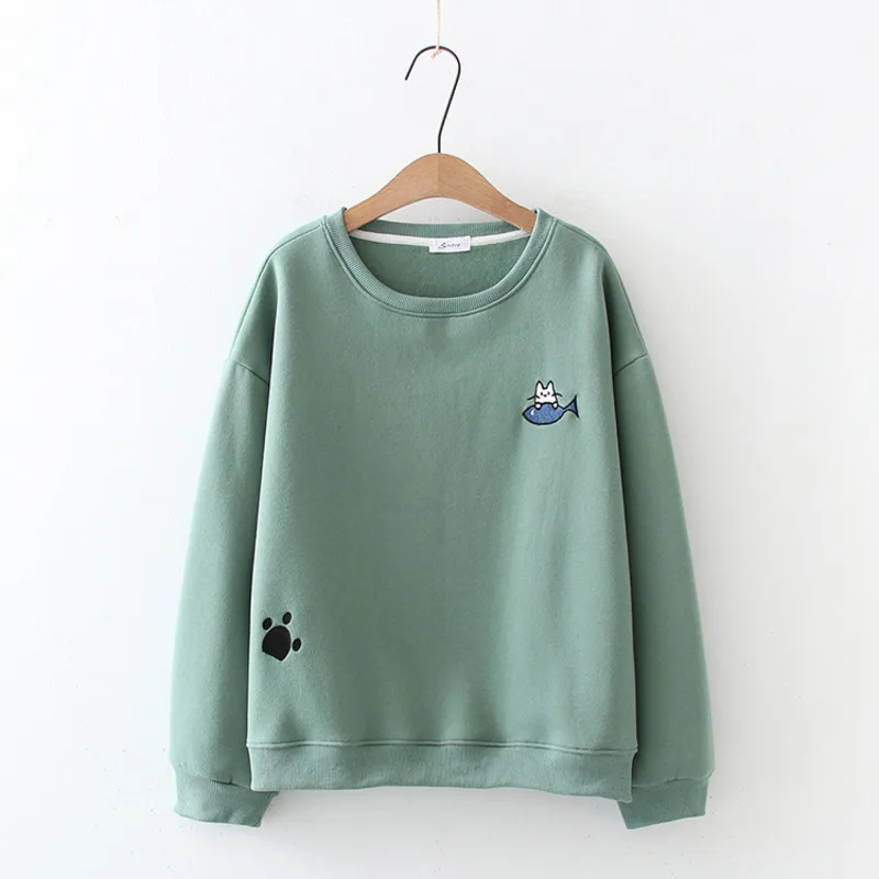 

Fall / Winter Cute Cat Embroidered Round Neck Plush Warm Sweatshirt Girl Loose Bottomed Pullover All-match Em*
