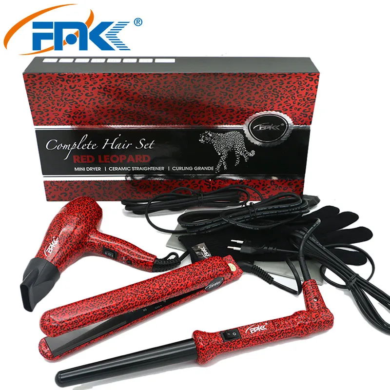 

FMK Styling Tool Set Hair Straightener+Hair Dryer+Curling Iron Set Leopard 3 IN 1 Flat Irons Wand Curler Travel Hair Dryer Sets