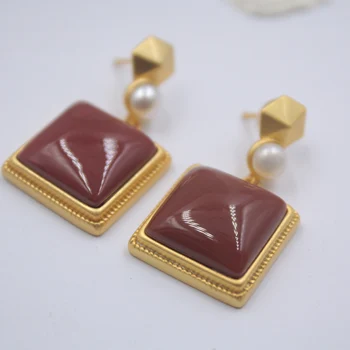 

Real S925 Silver Dangle Earrings For Women Red Agate Square Earrings Drop Hook Gift