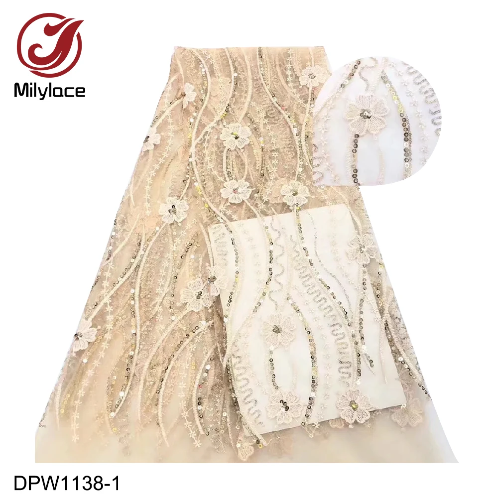 

High Quality African Lace Fabric 2019 High Quality French Embroidered Lace Fabric with Sequins for Wedding Party DPW1138