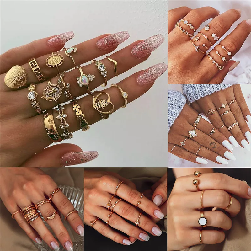 LETAPI Boho Vintage Gold Color Knuckle Rings For Women Crystal Geometric Female Finger Rings Set Jewelry Gifts