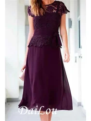 A-Line Mother of the Bride Dress Plus Size Jewel Neck Tea Length Chiffon Lace Short Sleeve With Appliques Ruching 2022