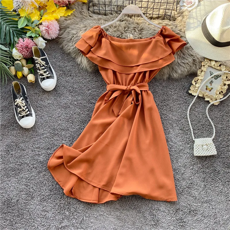 SINGRAIN Summer Women Off Shoulder Dress Bohemian Romantic Ruffle Sundress Party Holiday A-Line Retro Solid Chiffon Beach Dress