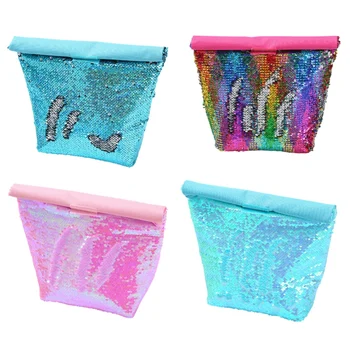 

Eco Friendly Reusable Bag Glitter Portable Sequins Insulated Lunch Bag Sparkly Reusable Bento Tote Bag For Outdoor Picnic Travel