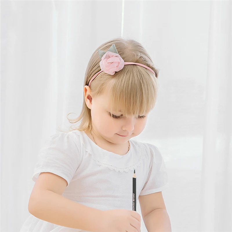 WARMOM DIY Handmade Elastic Hair Bands Gauze Lace Flowers Green Leaves Children Hairbands Gift Kids Hair Drcor Hair Accessories