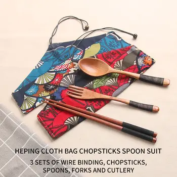 

Bag Knives Fork Spoon Chopsticks Travel Table Wear Top 3pcs Kitchen Bamboo Cutlery Set Wooden Straw Dinnerware Set With Cloth