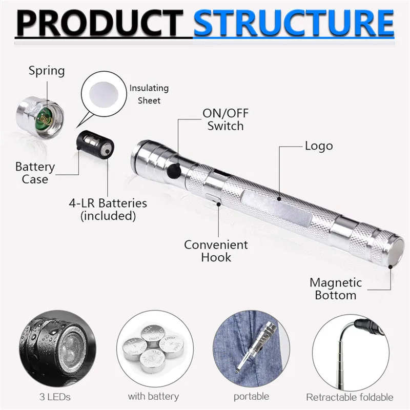Flexible Magnetized Head Portable mini flashlight Pickup tool  Telescopic 360 Degree 3 LED lamp  Outdoor Torch camp Lamp Light