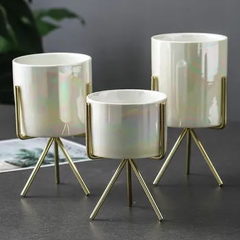 

1 Piece Pearl Color Ceramic Vases Nordic Style Flower Pot Geometric Metal Rack Plant Flower Vase Indoor Tabletop Decor Vase