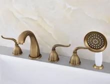 

Antique Brass Widespread Three Levers Handles Deck Mounted 5 Holes Bathroom Tub Faucet Mixer Tap With Handshower mtf241