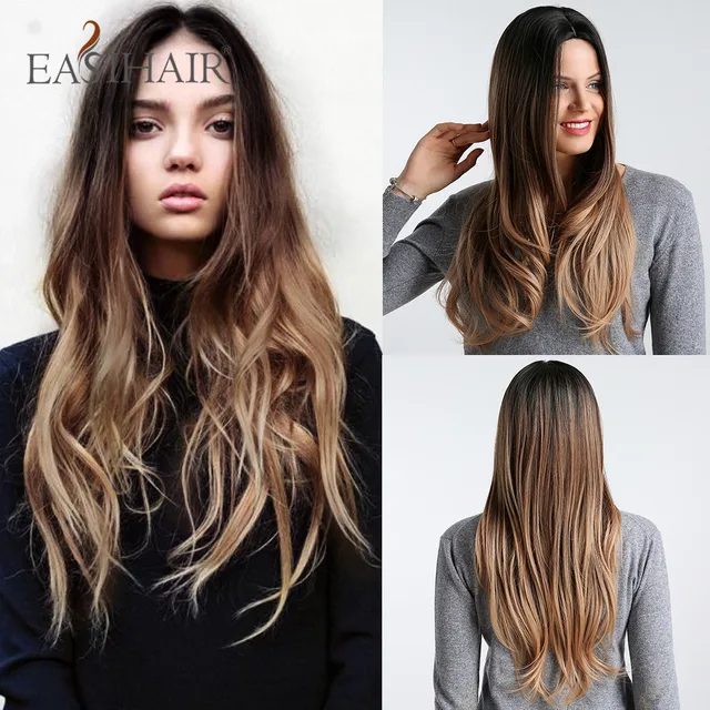 EASIHAIR Long Brown Ombre Synthetic Wigs for Women Natural Hair Wavy Wigs Ash Brown Blonde Heat Resistant Female Wig Cosplay LC189-3
