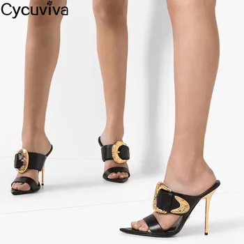 

New Metal Buckle High Heels Women Slippers Gladiators Sandals Triangle Slides Summer Shoes Woman Runway Party Dress Mules Shoes