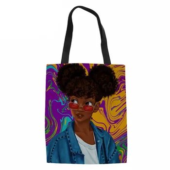 

WHEREISART Top-Handle Bag for Women Foldable Shopping Bags Ladies Black Girls Magic African Canvas Totes Femlaes Reusable Bags