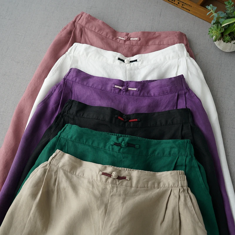 

Spring Summer Women Casual All-match Loose Plus Size Vintage Comfortable Linen Trousers Elastic Waist Wide Leg Pants 6 Colors