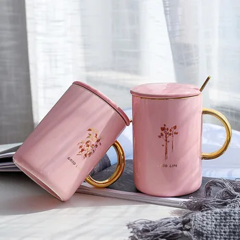 

Korean Cute Pink Gold Drawing Ceramic Mug with Lid Spoon Brief Milk Coffee Cup Household 450ml Large Capacity Porcelain Watermug