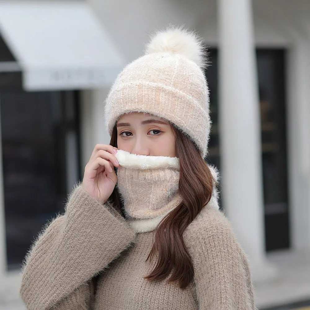 C2085-2Beige Новая шенилловая шерстяная вязаная шапка, шарф, набор плюс бархатная женская зимняя вязаная шапка с имитацией лисьего меха, Толстая теплая Модная шапка - Цвет: C2085-2Beige