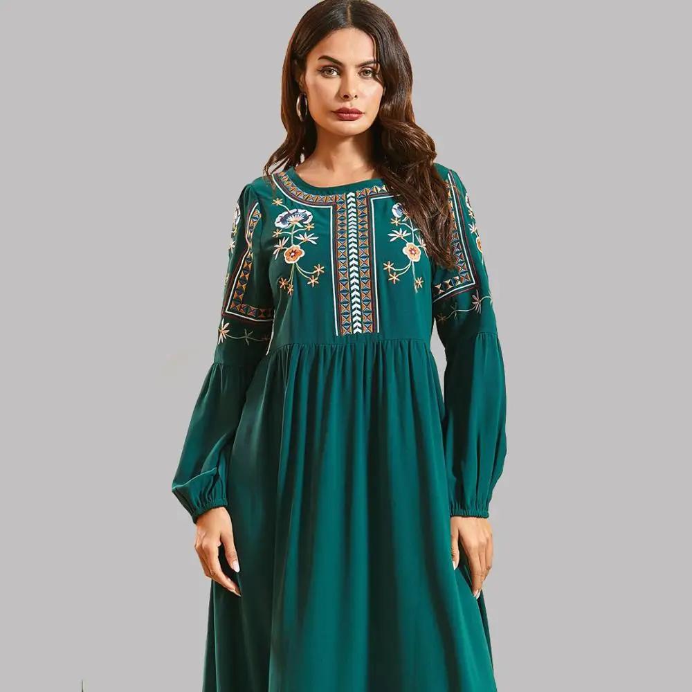 Женское платье с цветочной вышивкой Eid Abaya зеленое макси длинным рукавом и