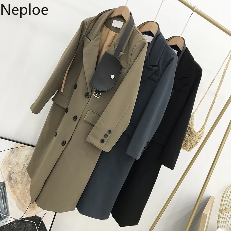 Neploe, длинный плащ, корейский стиль, для офиса, для работы, двубортный, Повседневный, ropa mujer, осенний, с отложным воротником, прямой, Moda 47418