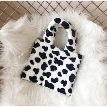 

Cow Pattern Women Shoulder Bags Fashion Soft Plush Ladies Small Handbags Vintage Female Travel Casual Tote Girls Zipper Purse