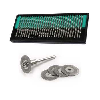 

36 Pcs Diamond Grinding Accessories: 30 Pcs Diamond Burrs Grits Rotary & 5 Pcs 22Mm Cutting Blades Drill Bit 1 Mandrel