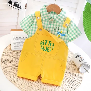 

12 3 4 Years Boy Baby Summer Clothes for A Boy Overalls + Plaid Shirt Two-piece Baby Short-sleeved Summer Children Clothing
