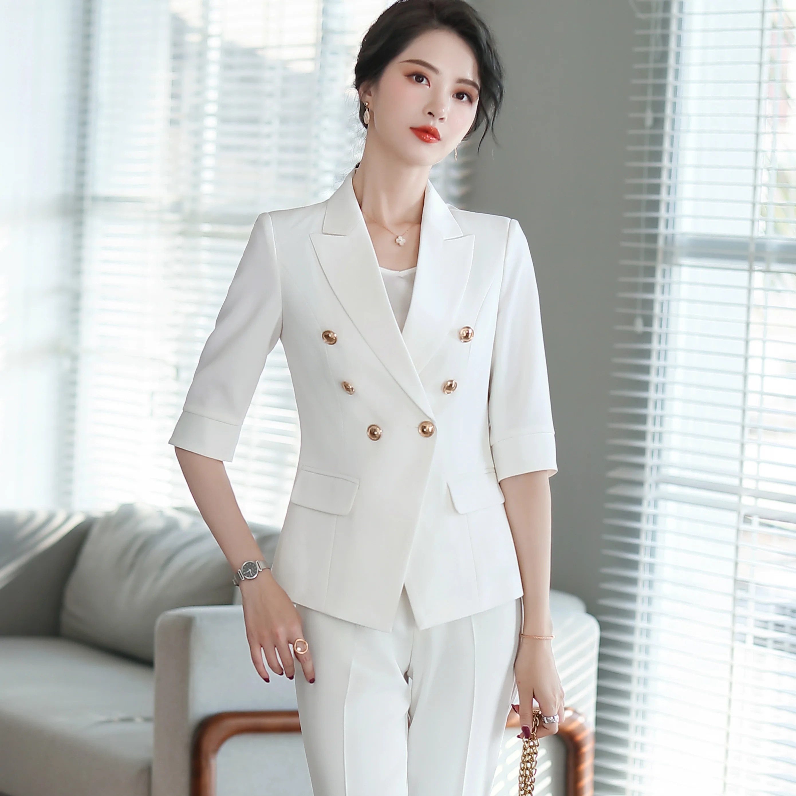 Chaqueta de abrigo estilo Blazer para mujeres traje de pantalones ajustados con doble botonadura y cuello con muescas para mujer, de negocios informales de moda para oficina - AliExpress