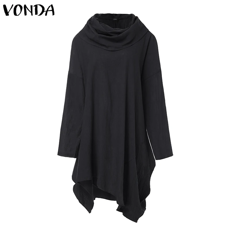 Размера плюс Для женщин блузка асимметричной Туника VONDA осеннее Плиссированное рубашка с длинными рукавами Blusas Повседневное Свитер с воротником