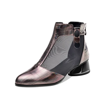 

Elegant mesh Summer Boots For Women'Footwear Genuine Leather med Heels Pumps 2020 Sexy Party Working Shoes Woman size 41 42 43