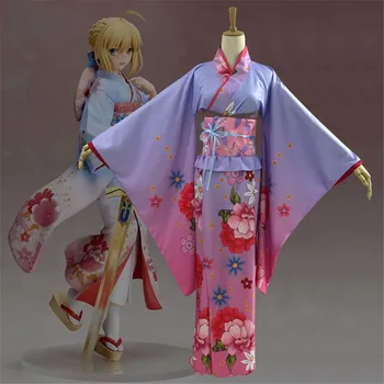 

Cosplay anime Fate/stay night Altria Pendragon Japanese kimono Saber costumes cherry kimono bathrobe for Halloween women costume
