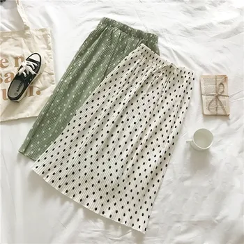 

Polka Dot Print Skirt Women Casual Elastic Waist Lace Up Skirts Summer Skirts Pleated Ladies Elegant Long Skirt