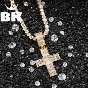 

THE BLING KING Three Rows of Square zirconium cross Necklace Hip Hop Full Iced Out Cubic Zirconia gold sliver CZ Stone