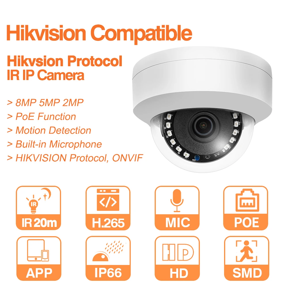 US $36.98 Hikvision Compatible Ip Camera 8mp 4k Dome Poe BuildIn Mic Ir 5mp Cctv Security 2mp Ir 50m Hikvision Protocol PlugAmpPlay Onvif