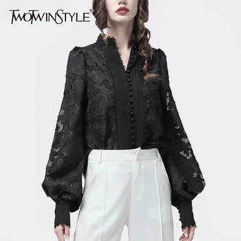 

Twotwinstyle Patchwork Lace Women'S Shirts Lantern Long Sleeves Stand Collar Korean Shirt Blouse Female 2020 Autumn Fashion New