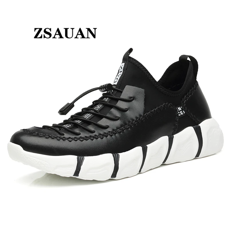 

ZSAUAN Platform Trendy Men Leather Casual Shoes White Black Lycra Thick Sole Youthful Men Sneakers Handmade Luxuries Loafers