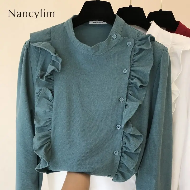 

Solid Color Ruffle Edge Pullover Long Sleeve Shirt Women's Spring Autumn Blouse Ladies New Loose Stand Collar Blouse Blusas