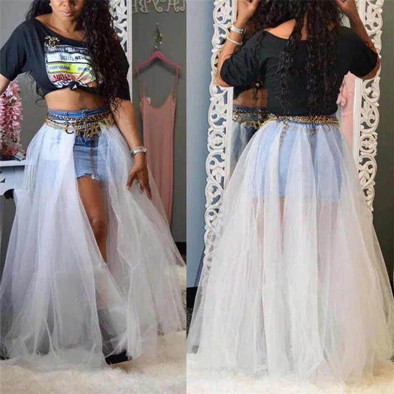 Female Summer Long Skirt New Fashion Sheer Mesh Lace Skirts Solid Color Tulle Jeans Patchwork Beach Hoilday Underskirt Women Hot