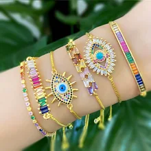 SEDmart Fashion Bohemian Colorful Turkish Eye Bar Rainbow Bracelets for Women Gold Color Trendy Rainbow CZ Charm jewelry