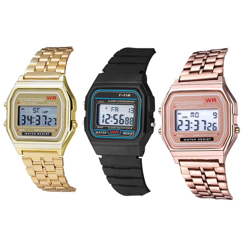 F91W correa de acero Reloj de lujo Reloj de oro rosa de las mujeres los hombres de negocios Reloj multifunción LED deportes Digital hombres Erkek Reloj Relogio