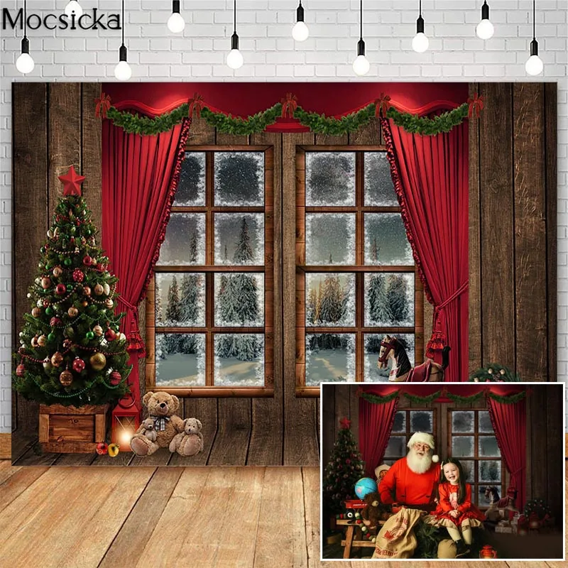 

Mocsicka Christmas Snow Photography Backdrops Window Red Curtain Photographic Studio Photo Backgrounds Christmas Tree Bear Decor