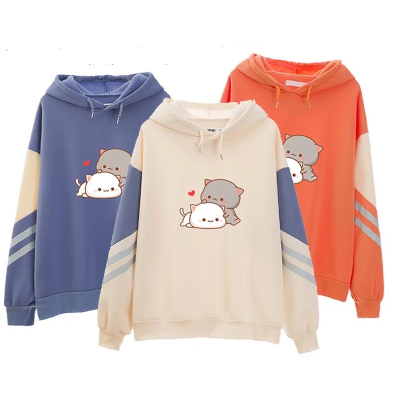 

Cute Cat Hoodies for Lady Contrast Patchwork Sweatshirt Kawaii Oversized Pullover Long Sleeve Hoodie Vintage Style Streetwear