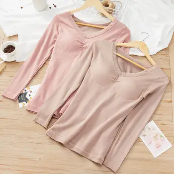 

Women 2021 Autumn Winter Velvet Thick Thermal Lace Shirt Tops Female Warm Intimate Underwear Clothes Seamless Slim Clothing A411